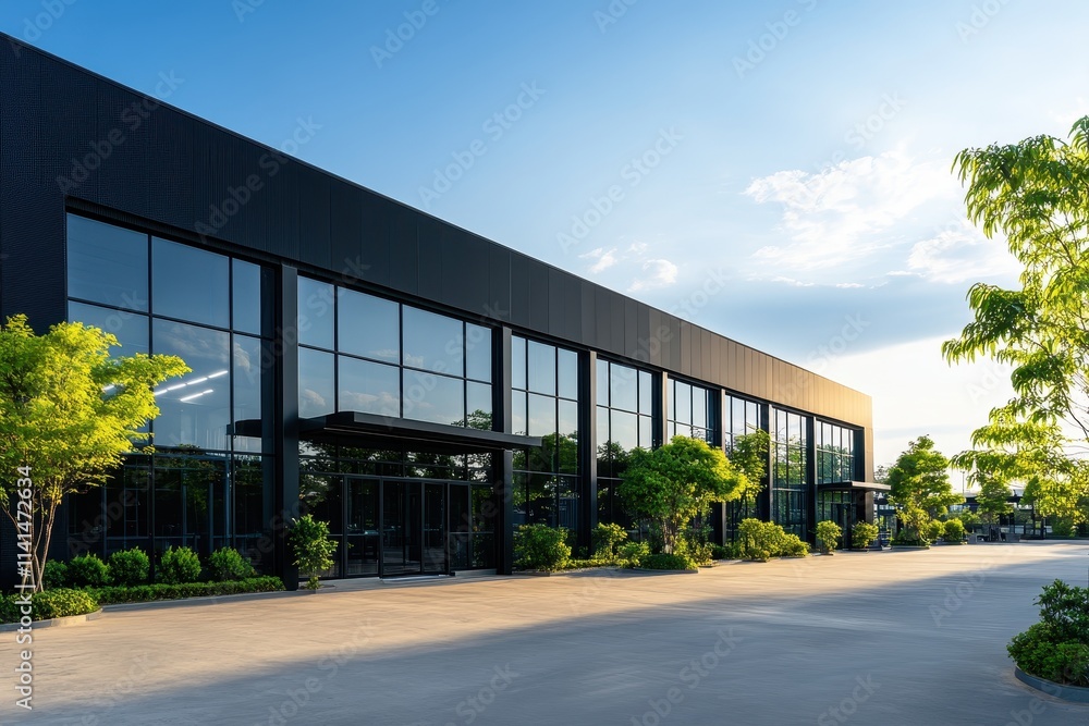 Modern industrial prefabricated building featuring sleek steel and glass architecture for contemporary design. Modern industrial prefabricated building featuring sleek steel and glass architecture for contemporary design.