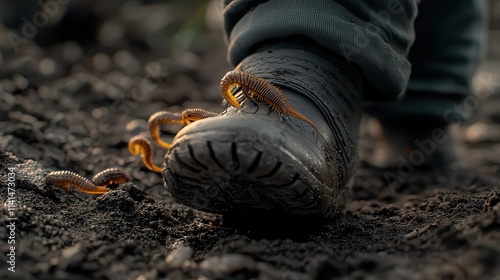 Close-up of a childs foot with several large leeches attached, highlighting the texture and detail of the leeches and the skin. photo