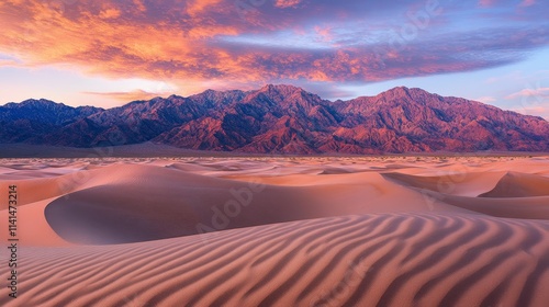 A stunning desert landscape at sunset, highlighting sand dunes and mountain, nature, background silhouettes.