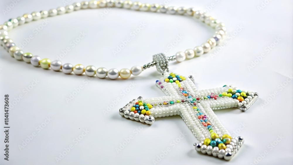 White Pearl Necklace with Beaded Cross Pendant White Pearl Necklace with Beaded Cross Pendant