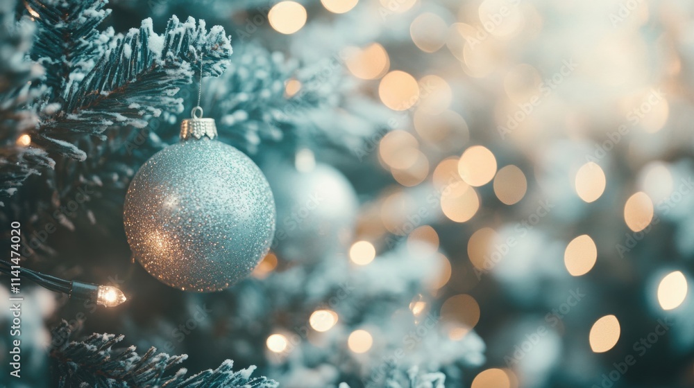 Glowing ornaments hang from a Christmas tree, illuminating the branches and creating a cozy and festive atmosphere in a winter setting Glowing ornaments hang from a Christmas tree, illuminating the branches and creating a cozy and festive atmosphere in a winter setting