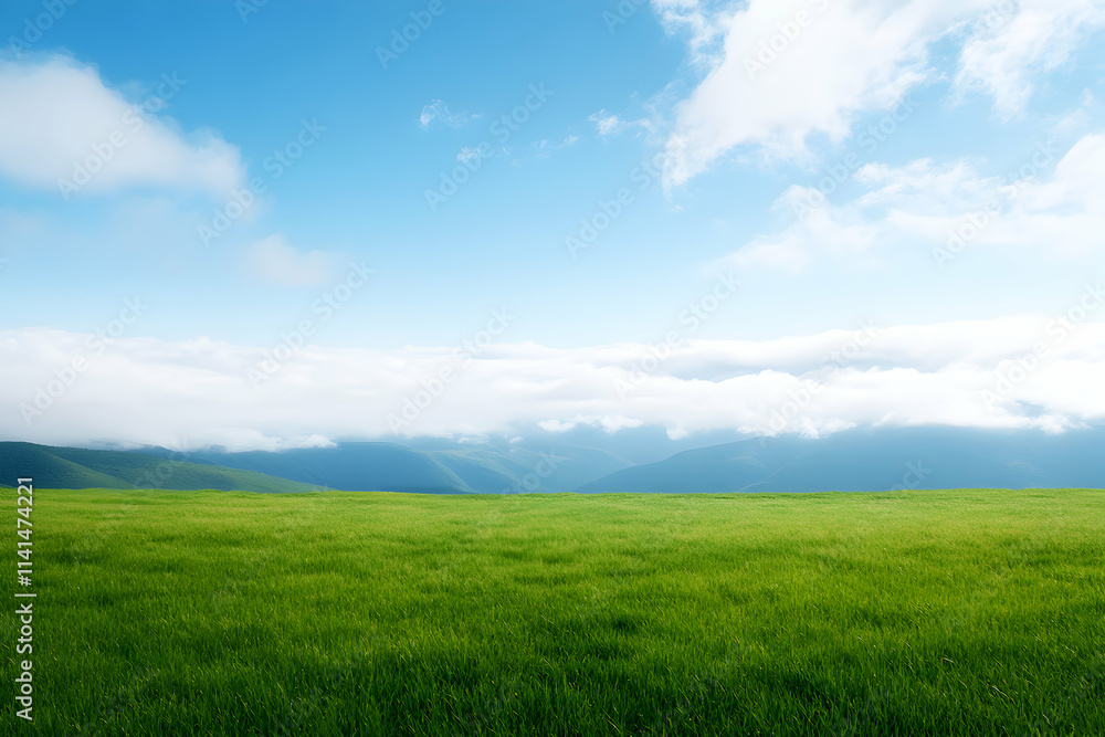 Obraz premium A serene landscape featuring lush green grass against a clear blue sky and distant mountains.