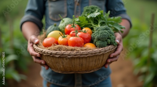 Um homem carrega em um cesto, verduras frescas colhidas em sua horta, photo