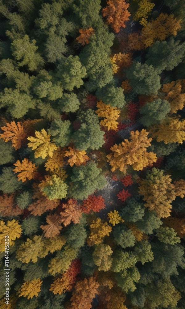 Overhead view of a dense forest canopy with fallen leaves, deciduous tree leaves, foliage , natural scenery Overhead view of a dense forest canopy with fallen leaves, deciduous tree leaves, foliage , natural scenery