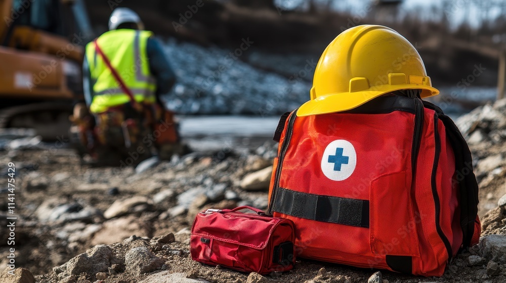 Red first-aid kit with yellow hard hat. Essential safety equipment at construction site, ensuring worker wellbeing. Red first-aid kit with yellow hard hat. Essential safety equipment at construction site, ensuring worker wellbeing.