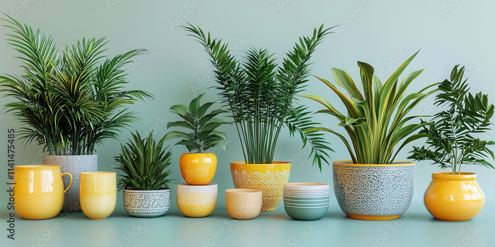 A row of potted plants in various sizes and colors are arranged on a table. The plants are placed in different pots, with some taller and some shorter. Scene is one of natural beauty and tranquility A row of potted plants in various sizes and colors are arranged on a table. The plants are placed in different pots, with some taller and some shorter. Scene is one of natural beauty and tranquility