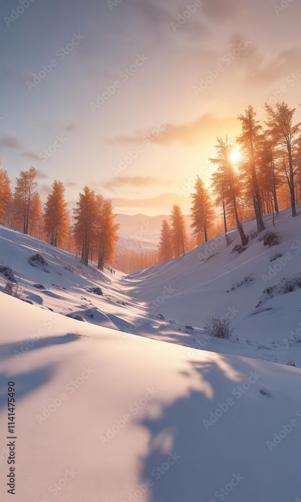 Pale orange sky with sun and moon casting long shadows on frozen hills and trees , peaceful environment, frosty trees, sun Pale orange sky with sun and moon casting long shadows on frozen hills and trees , peaceful environment, frosty trees, sun