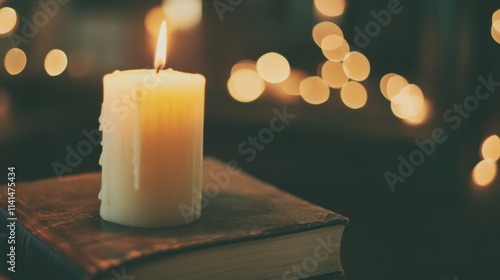 Soft candlelight flickers over stacked books, creating a warm and inviting atmosphere perfect for a cozy evening of reading photo