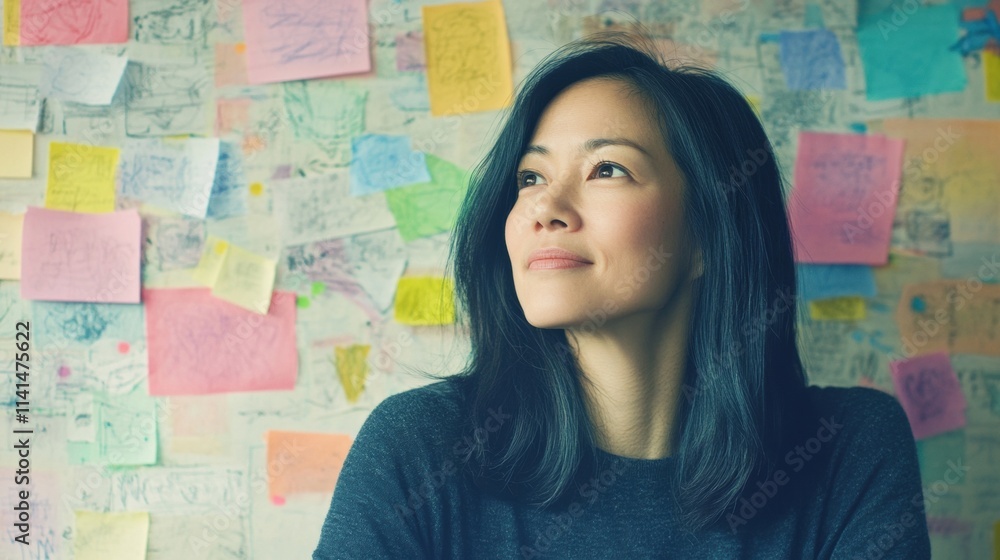 Fototapeta premium Artist reflects on ideas and creativity in a studio filled with sketches and colorful post-it notes, inspiring her artistic process