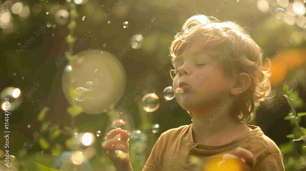 Naklejka premium Bubbles floating in air as child enjoys sunny day outdoors