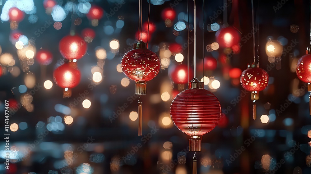 A stunning night scene featuring hundreds of red Chinese lanterns hanging in perfect alignment, casting a soft, warm glow against an ornate traditional background, A stunning night scene featuring hundreds of red Chinese lanterns hanging in perfect alignment, casting a soft, warm glow against an ornate traditional background,