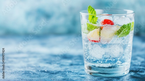 Delight in a colorful cocktail featuring mint, ice, and fresh fruits, beautifully displayed on a rich blue backdrop
