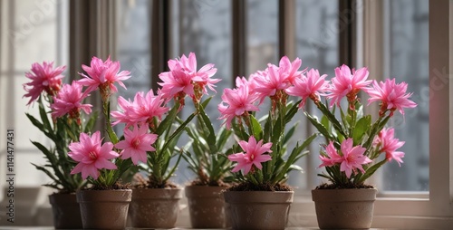 Pink Schlumbergera cactus blooming on windowsill, pink cactus blooming, epiphyllanthus epiphyllum zygocactus, pot plants photo