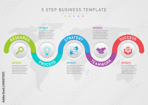 Infographic 5 steps business planning multi-colored curves There are letters above the gray circle button with an icon in the middle. Top and bottom have text. background map