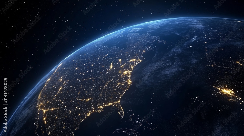 Fototapeta premium Night planet earth from space with light lines of communication and connection. Business and finance, concept. Global communications system and the World Wide Web. Technologies and communications.