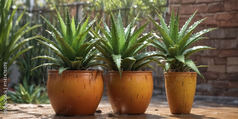Rainwater pooling around an unattended aloe vera plant pot in a garden, leafy greens, outdoor plants
