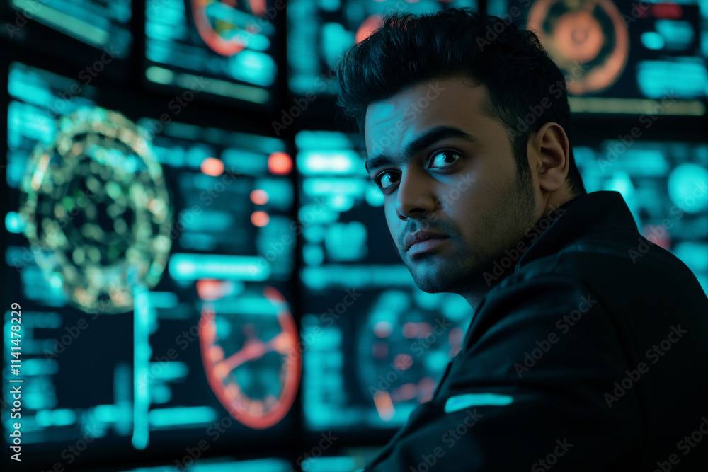 Cybersecurity expert monitors advanced systems in a futuristic control room. Generative AI Cybersecurity expert monitors advanced systems in a futuristic control room. Generative AI