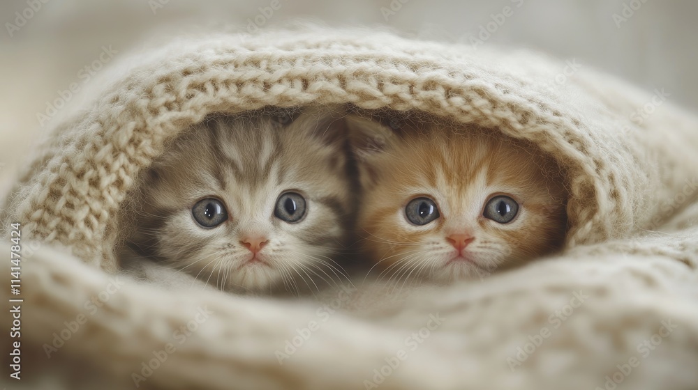 Cute kittens look from under the blankets. Cute kittens look from under the blankets.