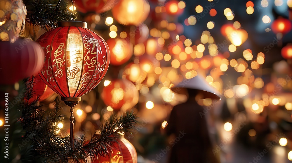 A crowded marketplace illuminated by red Chinese lanterns of various sizes, detailed with gold calligraphy A crowded marketplace illuminated by red Chinese lanterns of various sizes, detailed with gold calligraphy