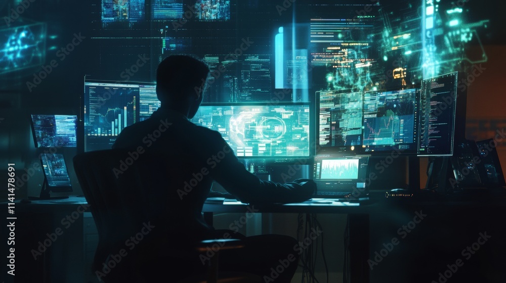 Computer, hologram and touchscreen of business man with data analysis, digital coding and programming at night. holographic, software overlay of IT person, information technology research and desktop Computer, hologram and touchscreen of business man with data analysis, digital coding and programming at night. holographic, software overlay of IT person, information technology research and desktop