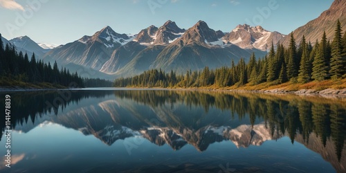 Reflections of towering mountain peaks in a serene and peaceful Alaskan lake, water, towerings