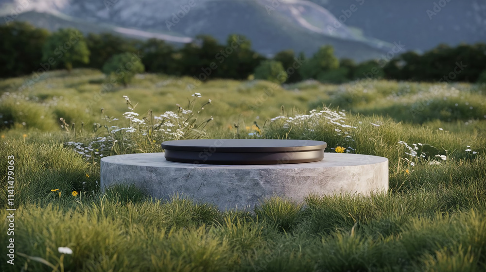 Stone podium on the grass field backdrop meadow mountain Stone podium on the grass field backdrop meadow mountain