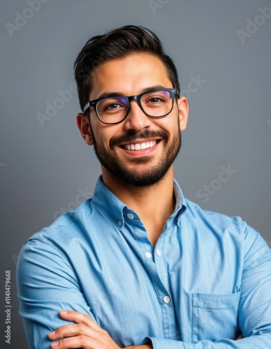 "Confident Professional Man in Denim Shirt Studio Portrait"