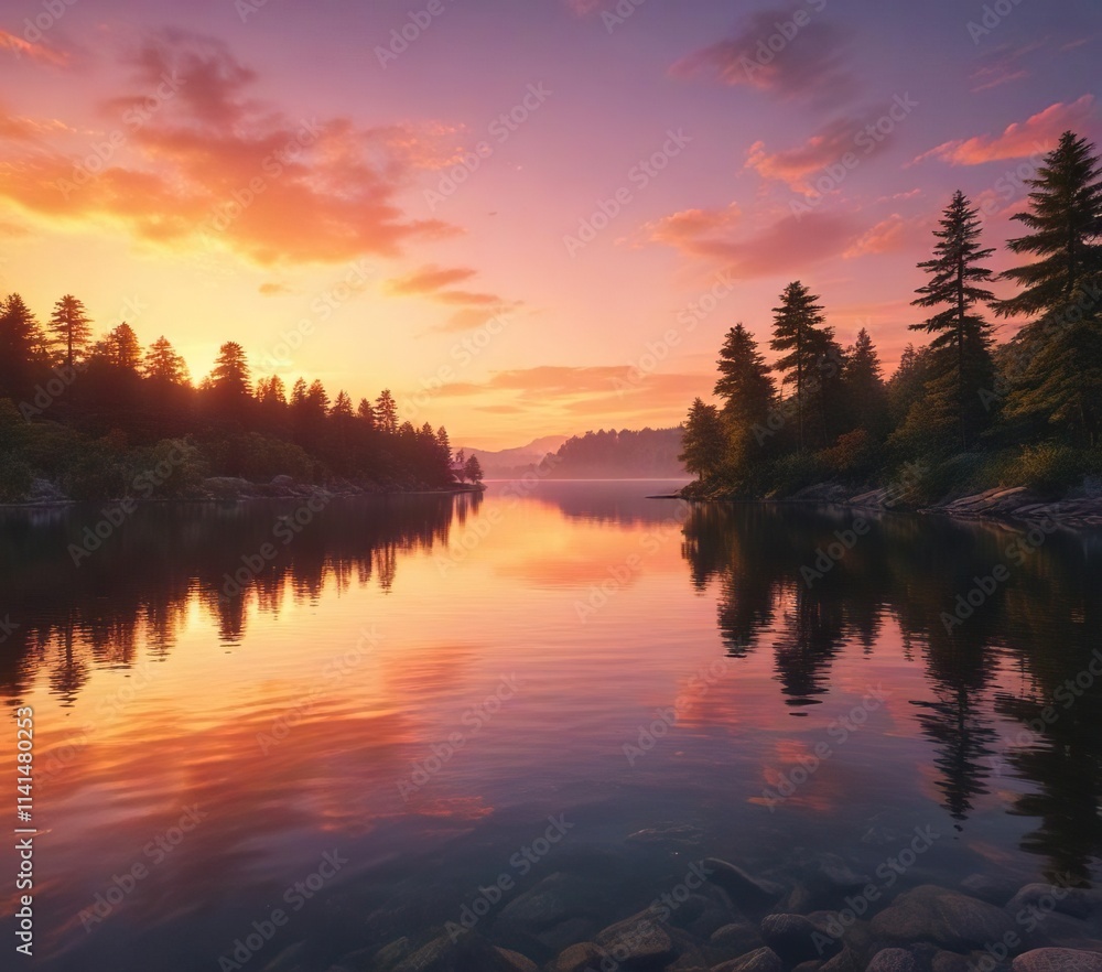 Fototapeta premium Serene lake with a stunning sunset in Cleveland Ohio, landscape, serene, lake