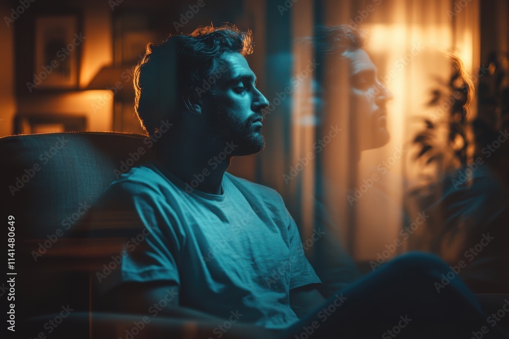 A pensive man sits alone in a dimly lit room, his face partially obscured. This image portrays loneliness, contemplation, or introspection, ideal for themes of solitude and mental health. A pensive man sits alone in a dimly lit room, his face partially obscured. This image portrays loneliness, contemplation, or introspection, ideal for themes of solitude and mental health.