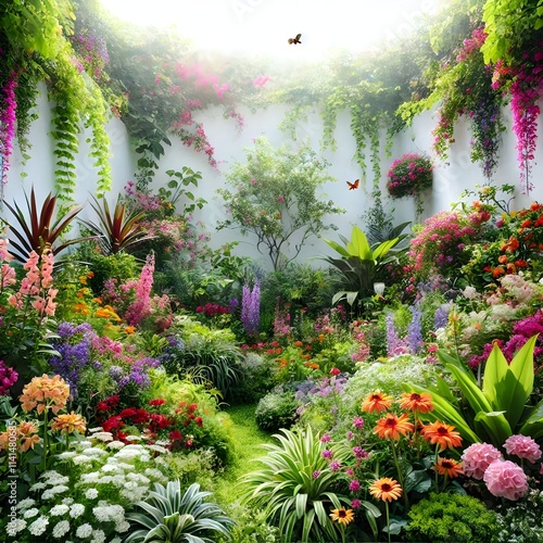 A vibrant secret garden showcasing a mix of flowering plants and lush greenery, all highlighted against a pristine white background. The colorful bloo (4)_Nero AI_Photo photo