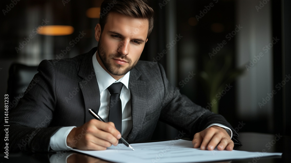 A businessman in a sleek charcoal suit meticulously reviewing a contract at a modern glass table, business, audit, financial operations
A businessman in a sleek charcoal suit meticulously reviewing a contract at a modern glass table, business, audit, financial operations