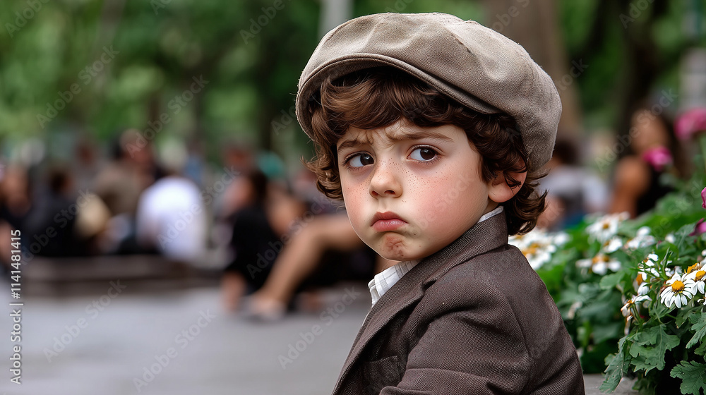 A young boy, dressed in a suit and cap, sits on a park bench, his expression thoughtful amidst the blurred yet bustling city life around him.
A young boy, dressed in a suit and cap, sits on a park bench, his expression thoughtful amidst the blurred yet bustling city life around him.