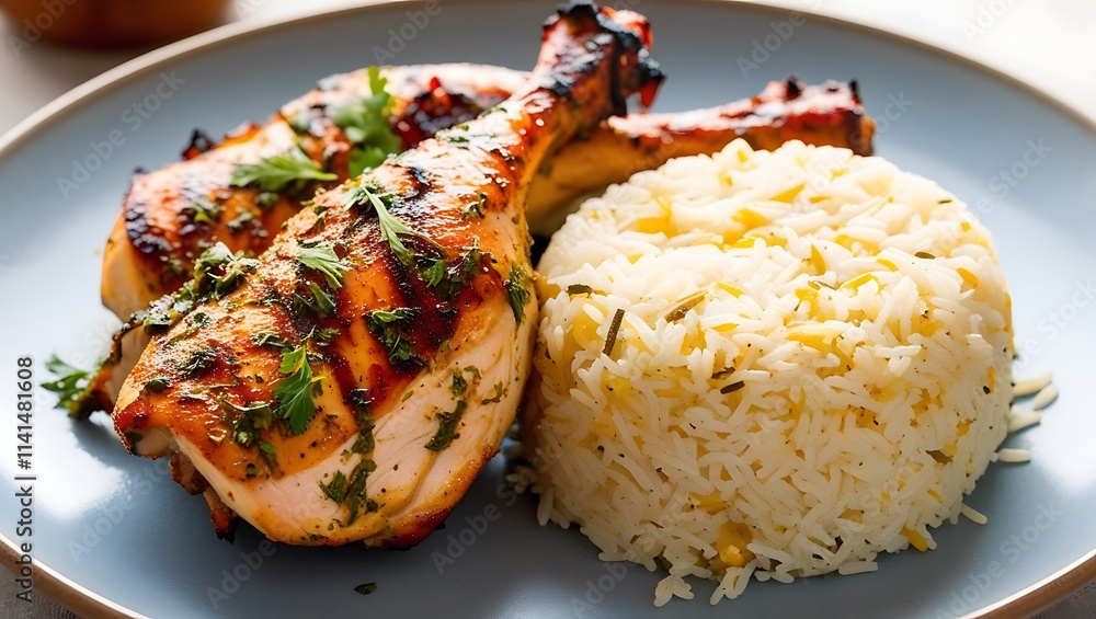 This beautifully captured food photograph features a simple yet stunning dish of perfectly grilled chicken paired with a bed of fragrant, fluffy rice. This beautifully captured food photograph features a simple yet stunning dish of perfectly grilled chicken paired with a bed of fragrant, fluffy rice.