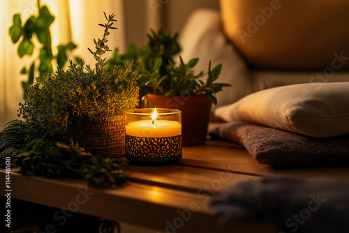 リラクゼーション空間のアロマキャンドルと観葉植物、穏やかな癒しの時間
