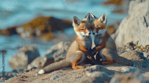 Two playful fox kits cuddle on a sandy beach by the water during a sunny day in a serene natural setting photo