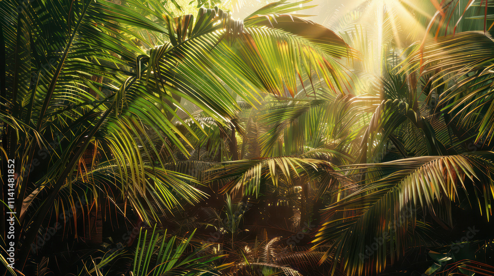 Fototapeta premium Lush tropical jungle with vibrant green palm leaves and sunlight filtering through