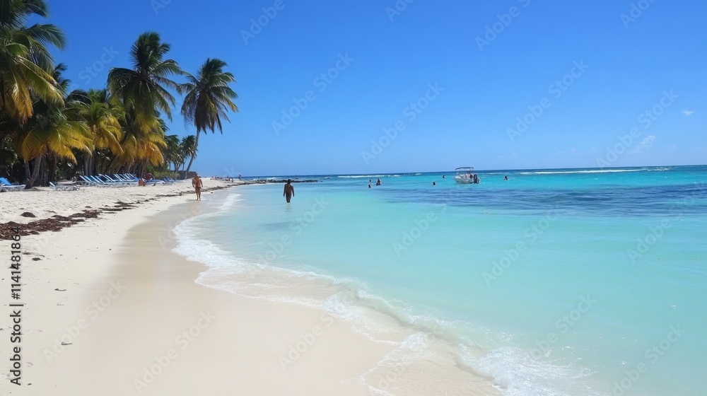 Serene Tropical Beach with Clear Waters and Palm Trees under Blue Sky Serene Tropical Beach with Clear Waters and Palm Trees under Blue Sky