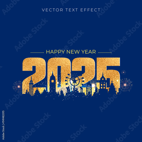 Happy New Year 2025 golden number greeting with modern futuristic city skyline. photo