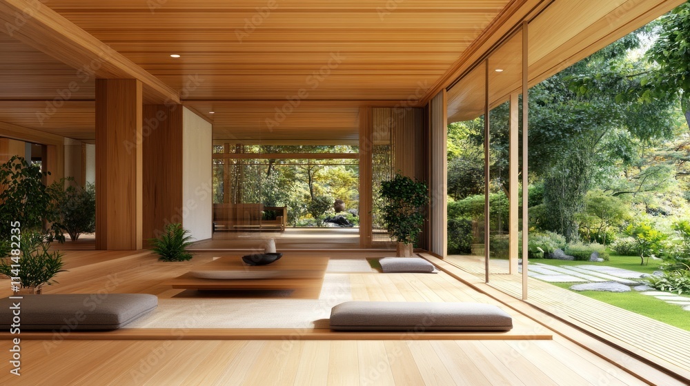 A serene interior space with wooden elements and views of a lush garden. A serene interior space with wooden elements and views of a lush garden.