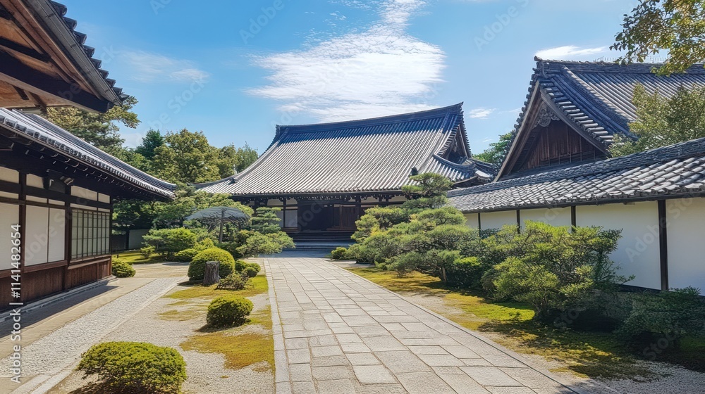 A serene Japanese garden with traditional architecture and lush greenery. A serene Japanese garden with traditional architecture and lush greenery.