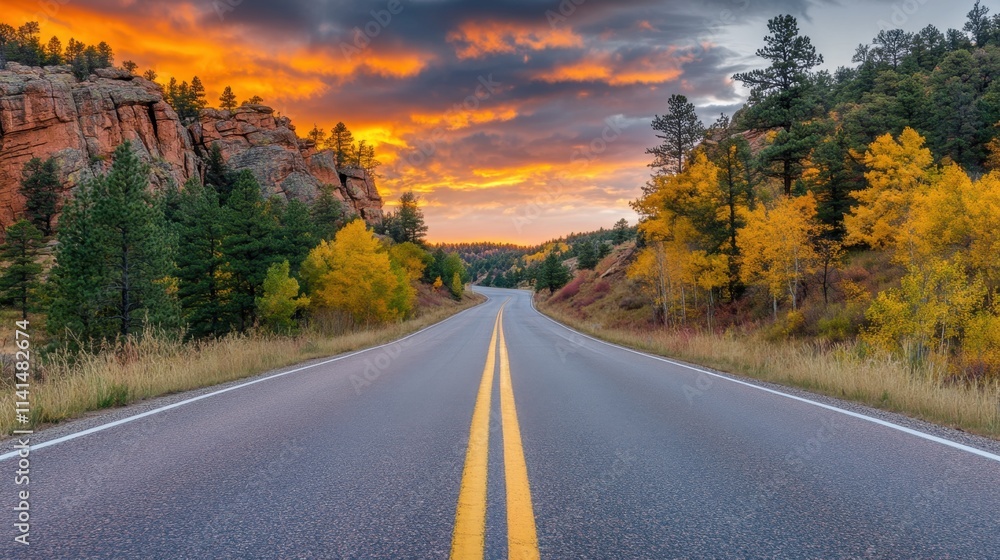 Sunset Over Open Road Surrounded by Vibrant Fall Colors in Nature Sunset Over Open Road Surrounded by Vibrant Fall Colors in Nature