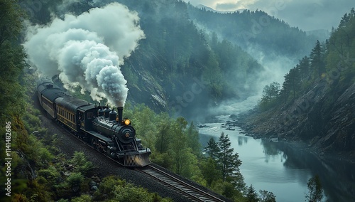 Steam train moving through a misty mountain river valley.