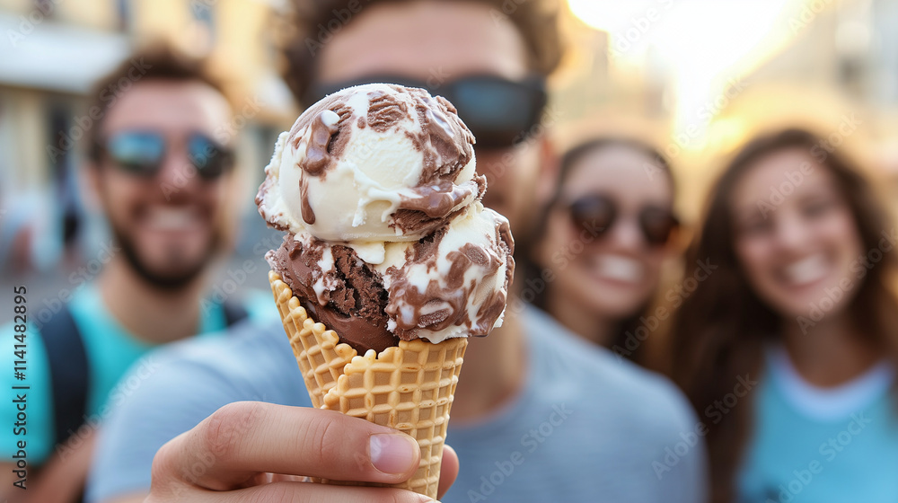 A group of friends outdoors on a sunny day share ice cream cones, capturing a moment of laughter and camaraderie, symbolizing friendship and simple pleasures
A group of friends outdoors on a sunny day share ice cream cones, capturing a moment of laughter and camaraderie, symbolizing friendship and simple pleasures