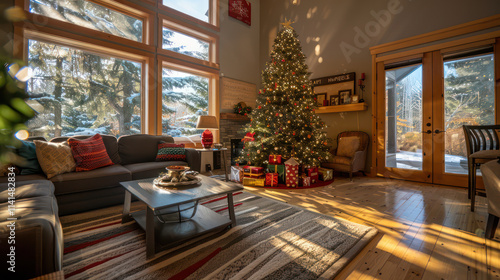 Cozy living room with Christmas tree, presents, and warm sunlight