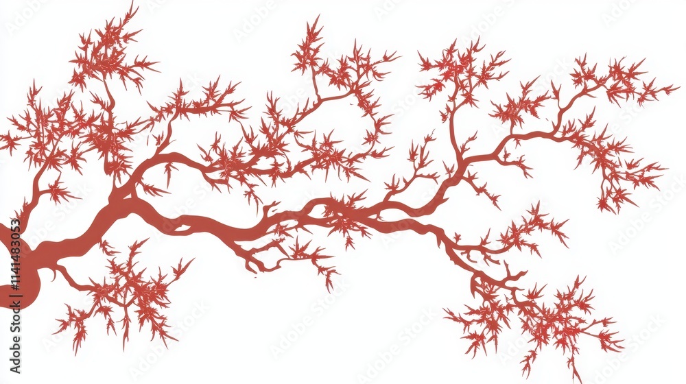 Abstract Red Branch with Leaves and Twigs Against a White Background Abstract Red Branch with Leaves and Twigs Against a White Background