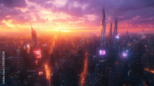 Futuristic cityscape at sunset with vibrant lights