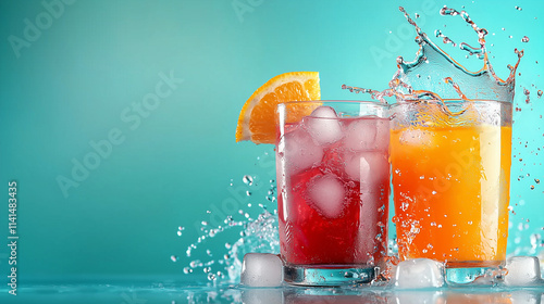 Two lively colored drinks erupt with splashes and slices of orange on a vibrant backdrop, highlighting an energetic and refreshing moment frozen in time.
 photo