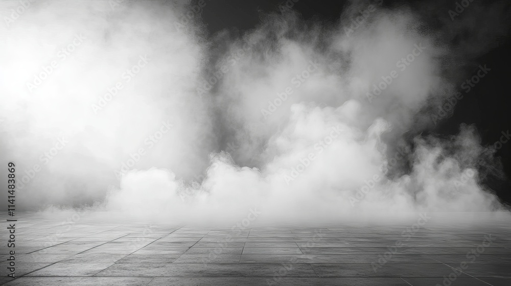 Empty performance stage with dramatic smoke effects and minimalist white and grey backdrop, ideal for concerts, events, and presentations