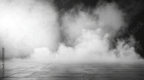 Obraz na płótnie Empty performance stage with dramatic smoke effects and minimalist white and grey backdrop, ideal for concerts, events, and presentations w salonie