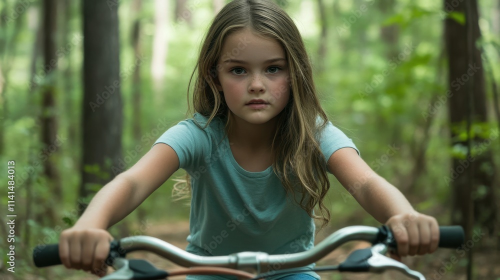Obraz premium Young Girl Riding Bike in Lush Green Forest Surrounded by Nature